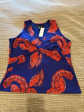 NWT White House Black Market Blue Sleeveless Twist-Front Tank with Red Paisley